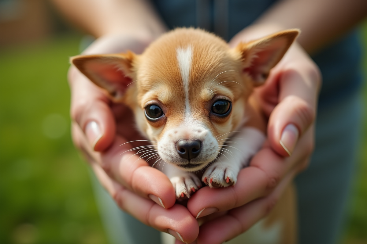 Chiot chihuahua tenu dans les mains dans un jardin ensoleille