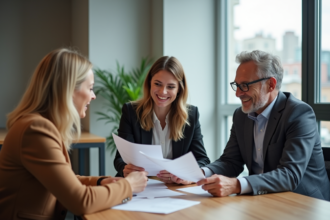 Trois collègues discutent et échangent des documents au bureau