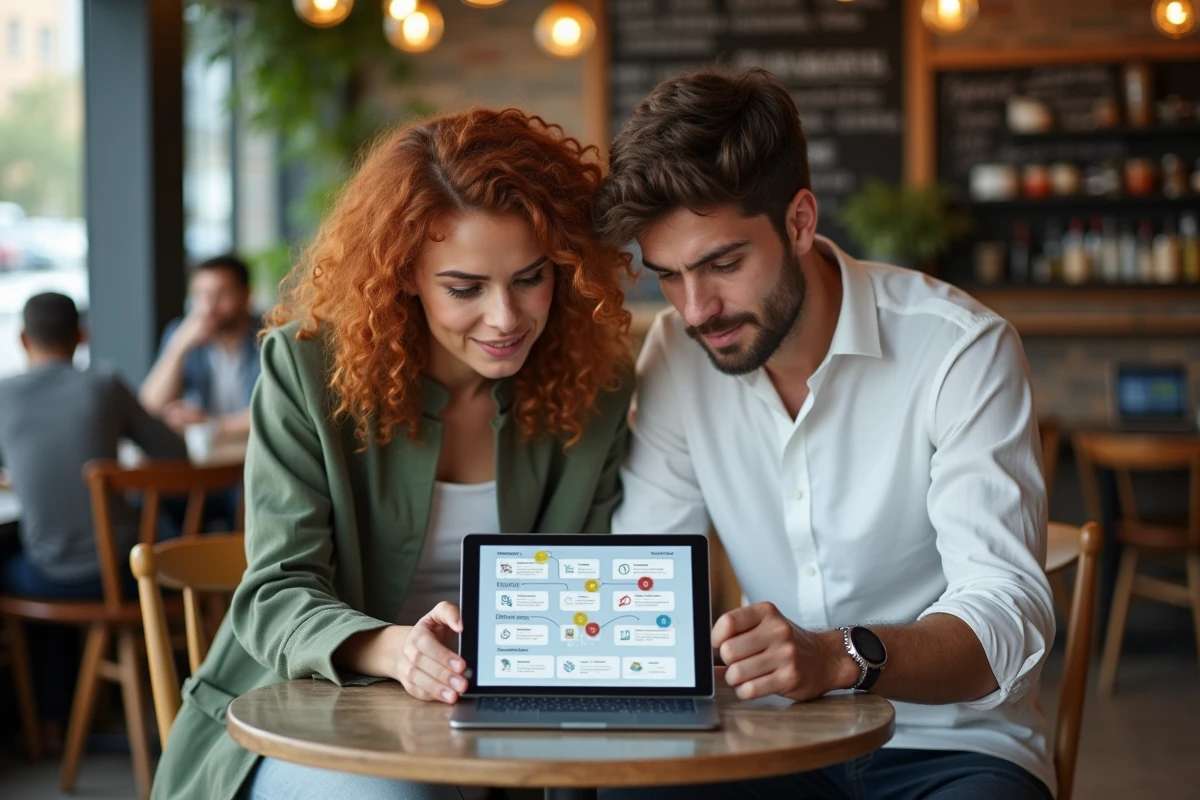 Deux débutants du web collaborant autour d'une tablette affichant une infographie explicative dans un café urbain