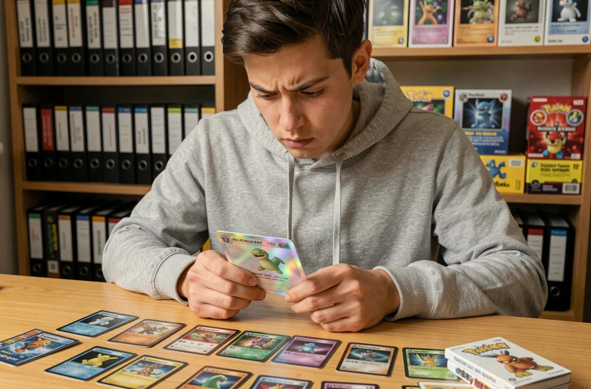 Jeune collectionneur examinant des cartes Pokémon sur un bureau en bois, évaluant leur authenticité avec une expression sceptique