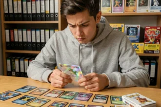 Jeune collectionneur examinant des cartes Pokémon sur un bureau en bois, évaluant leur authenticité avec une expression sceptique