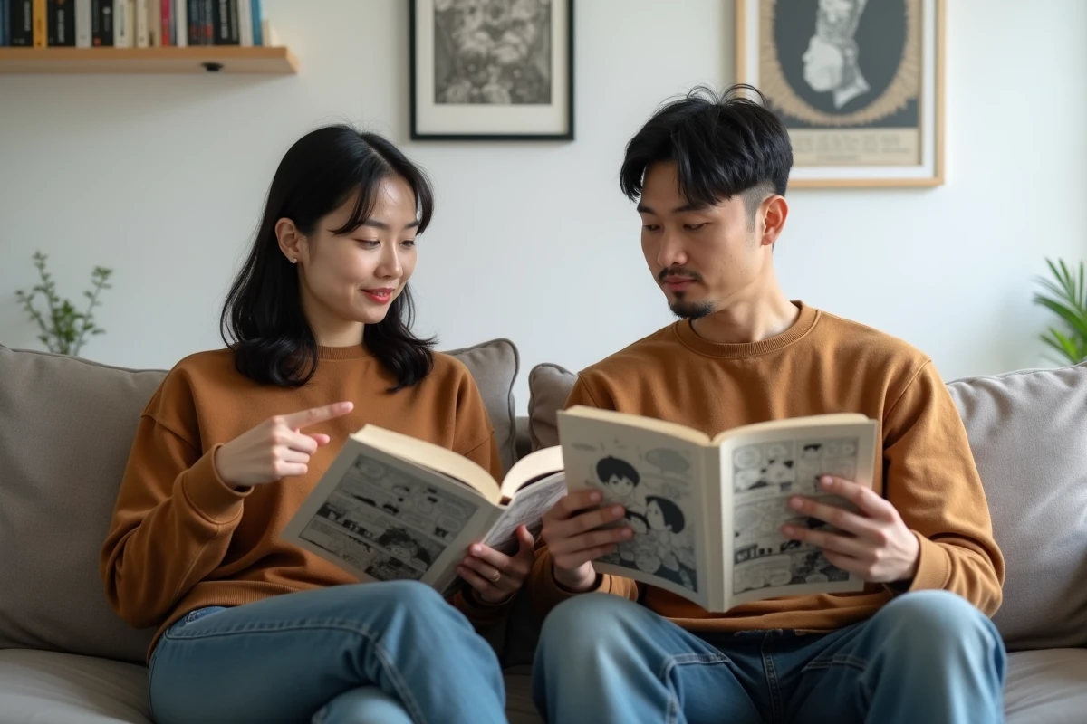 Deux lecteurs adultes comparant les versions VF et VO du scan One Piece 1143 sur un canapé dans un salon moderne