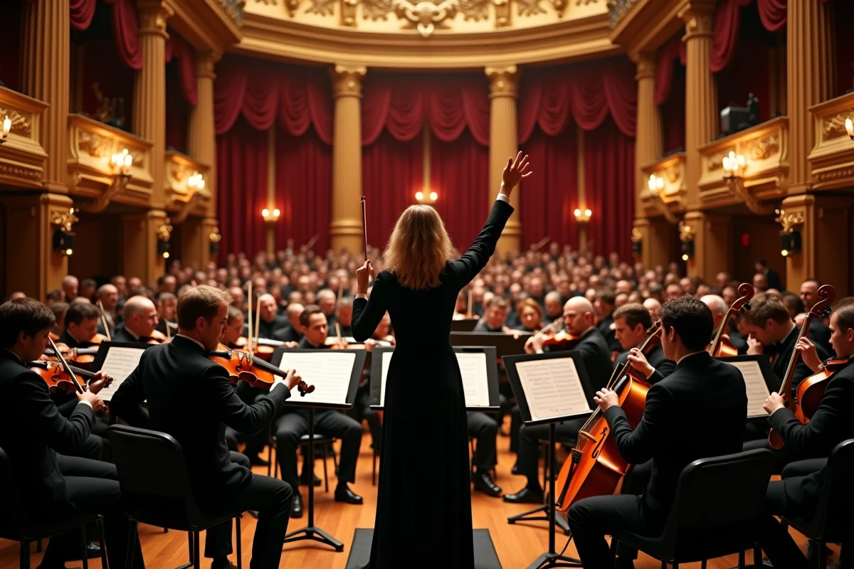 Orchestre de chambre complet en tenue de soirée jouant un concert à la bougie dans un théâtre baroque doré