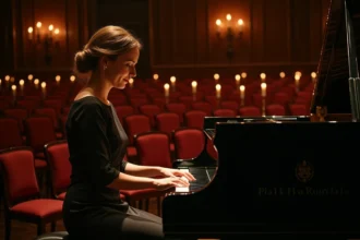 Pianiste en robe noire jouant au piano à queue sur une scène éclairée à la bougie dans une salle de concert intime