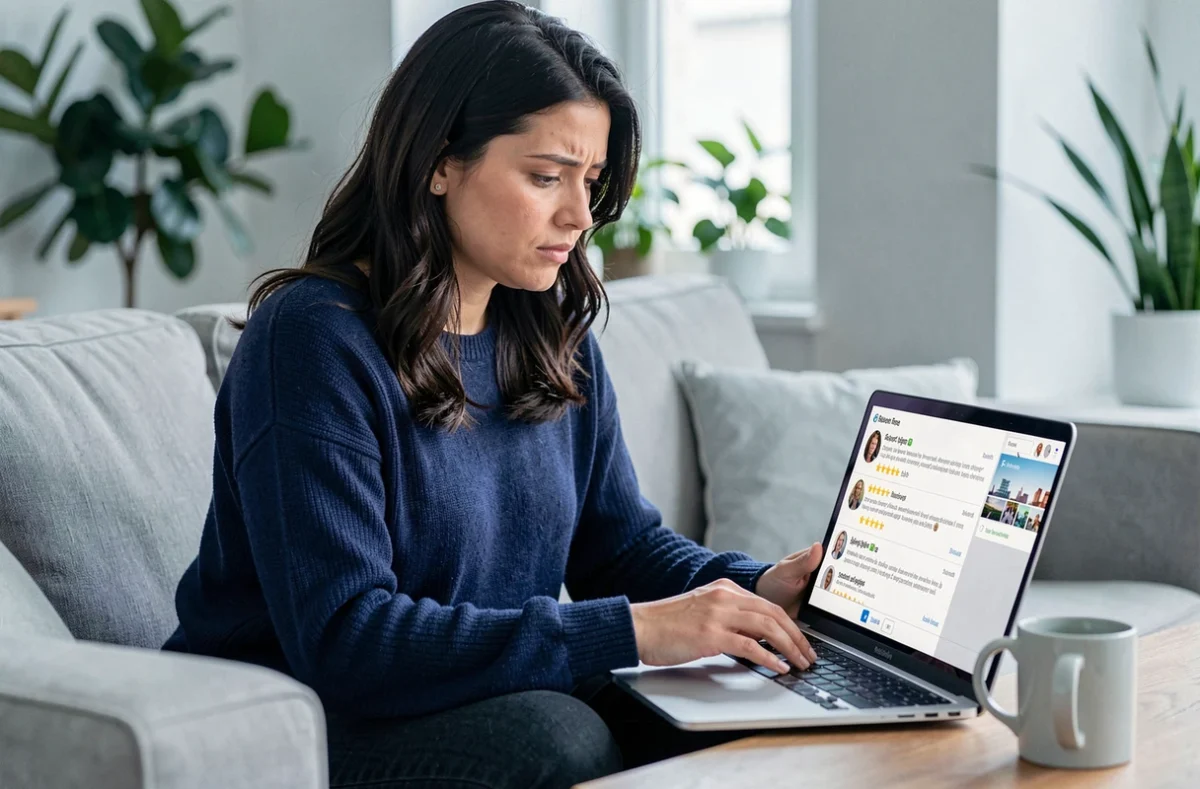 Femme consultant des avis en ligne sur Trustpilot à propos d'un site de vente de cartes Pokémon, expression interrogative
