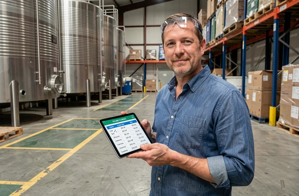 Technicien industriel consultant un tableau de conversion de volumes m3 et litres sur une tablette dans un entrepôt