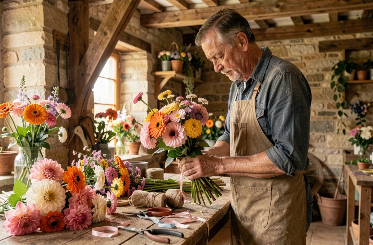 Artisan fleuriste assemblant un bouquet champêtre dans son atelier à Montfort-l'Amaury