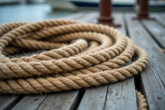 Cordages en chanvre naturel enroulés sur un quai en bois vieilli dans un port maritime