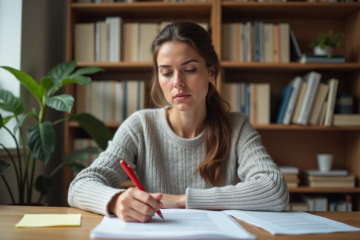 Femme corrigeant un document imprimé avec un stylo rouge, illustrant les erreurs de majuscule en français
