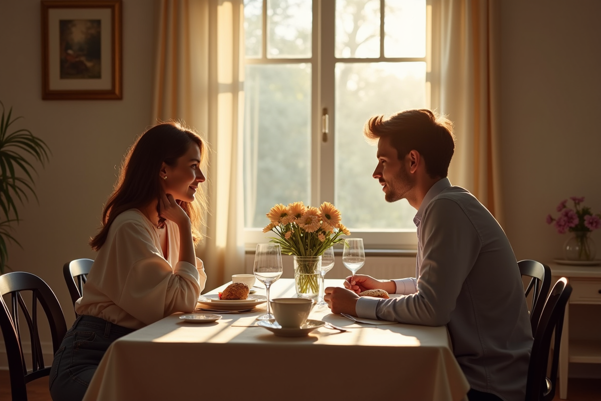 Jeune couple à table décorée pour un dîner romantique
