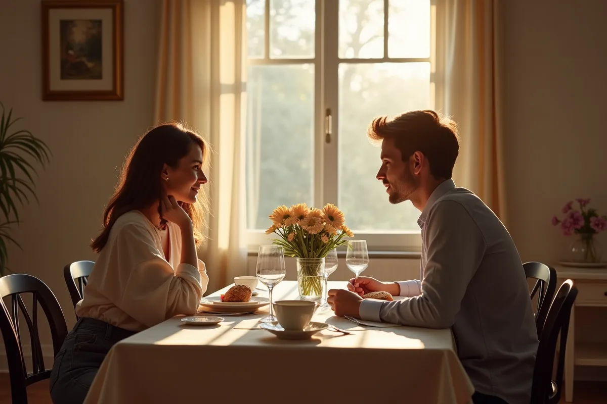 Jeune couple à table décorée pour un dîner romantique