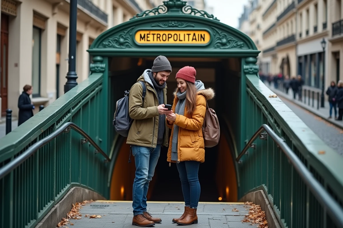 Couple de touristes consultant une application de métro devant une entrée de station parisienne Art Nouveau