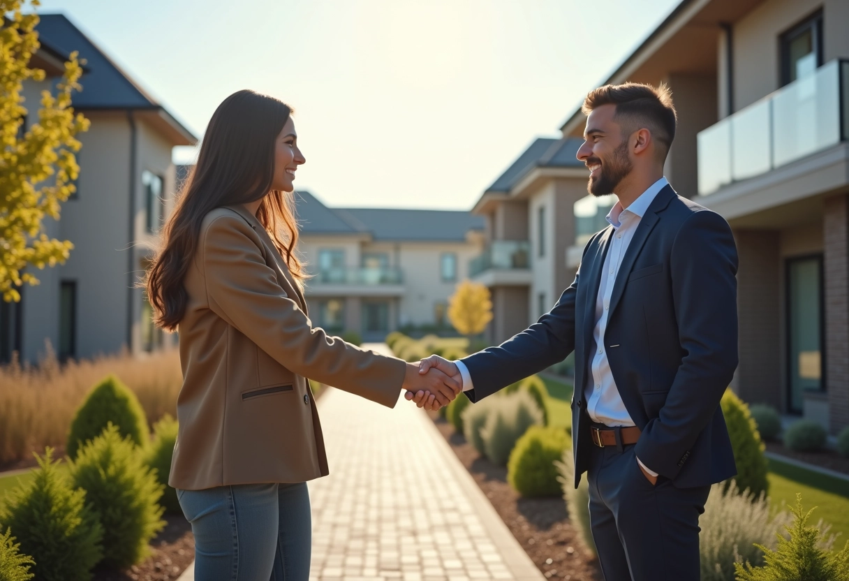 Jeune couple serrant la main d un promoteur immobilier