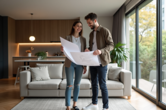 Jeune couple en discussion dans un salon moderne T3