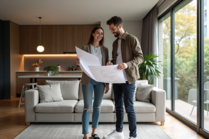 Jeune couple en discussion dans un salon moderne T3