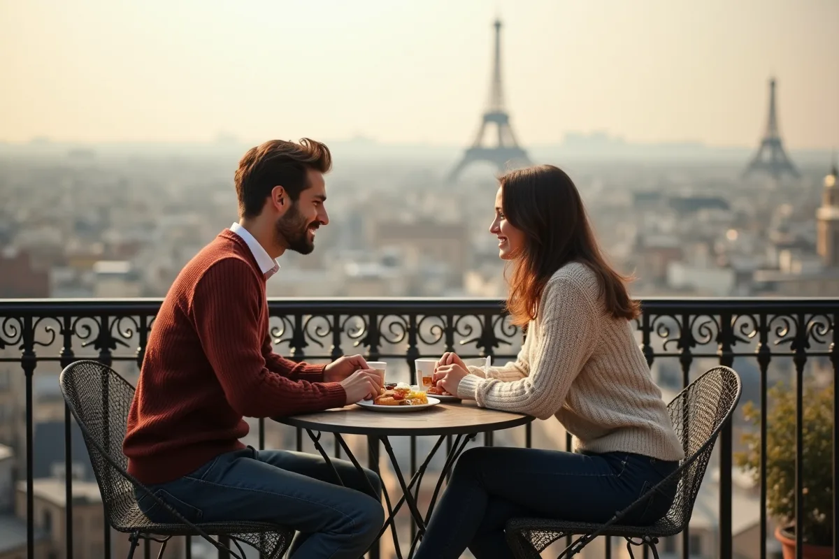 Jeune couple prenant le petit déjeuner sur un rooftop parisien