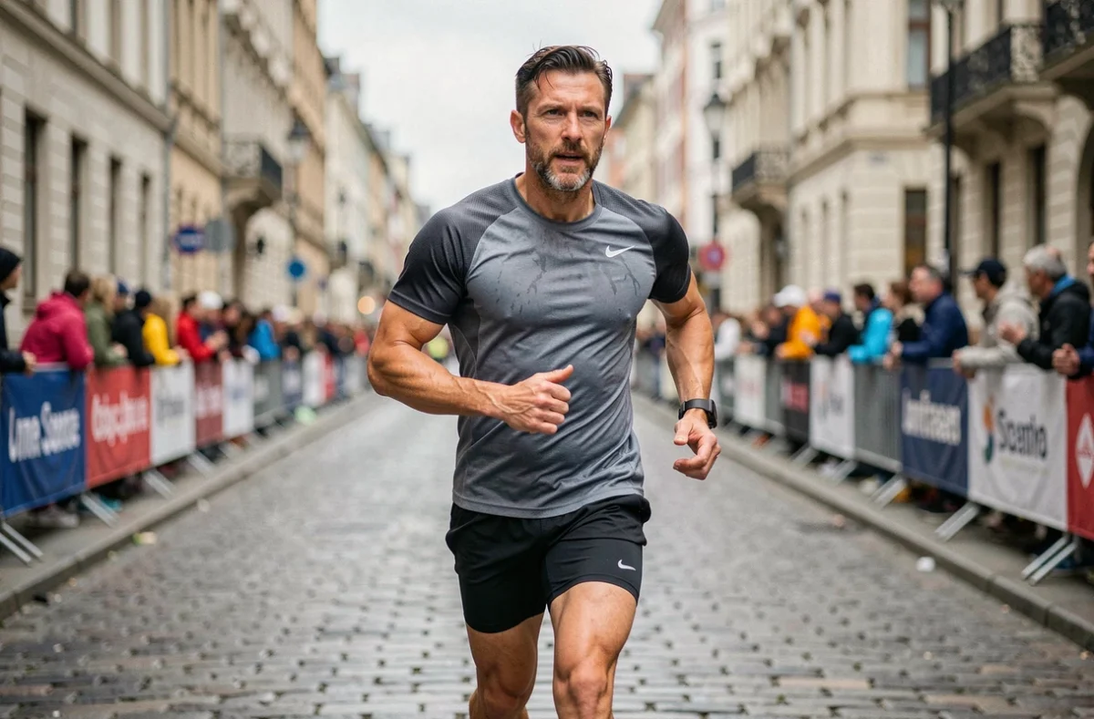 Coureur masculin en pleine foulée lors d'un marathon urbain, illustrant les allures et distances en kilomètres