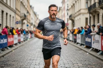 Coureur masculin en pleine foulée lors d'un marathon urbain, illustrant les allures et distances en kilomètres