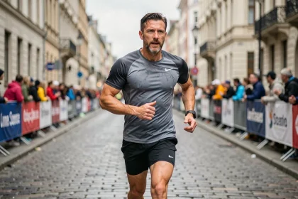 Coureur masculin en pleine foulée lors d'un marathon urbain, illustrant les allures et distances en kilomètres