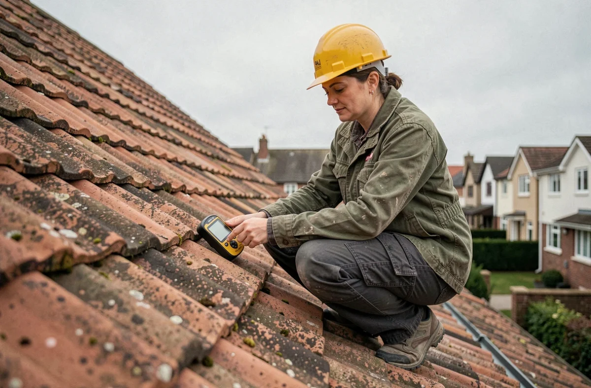 Couvrière mesurant la pente d'un toit en tuiles avec un inclinomètre numérique sur un chantier résidentiel
