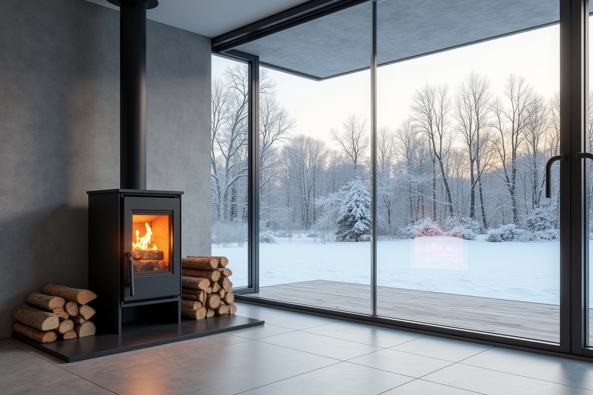 Cuisine ouverte avec poêle à bois noir et vue sur jardin enneige