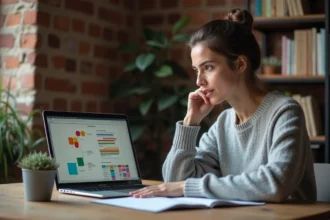 Jeune femme débutante en web apprenant les concepts de base du développement sur ordinateur portable avec des notes manuscrites