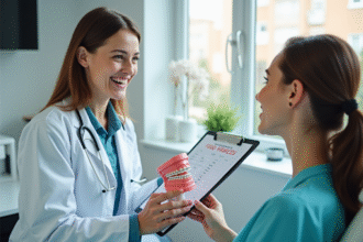 Dentiste expliquant le coût des appareils dentaires à un patient souriant