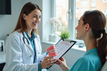 Dentiste expliquant le coût des appareils dentaires à un patient souriant