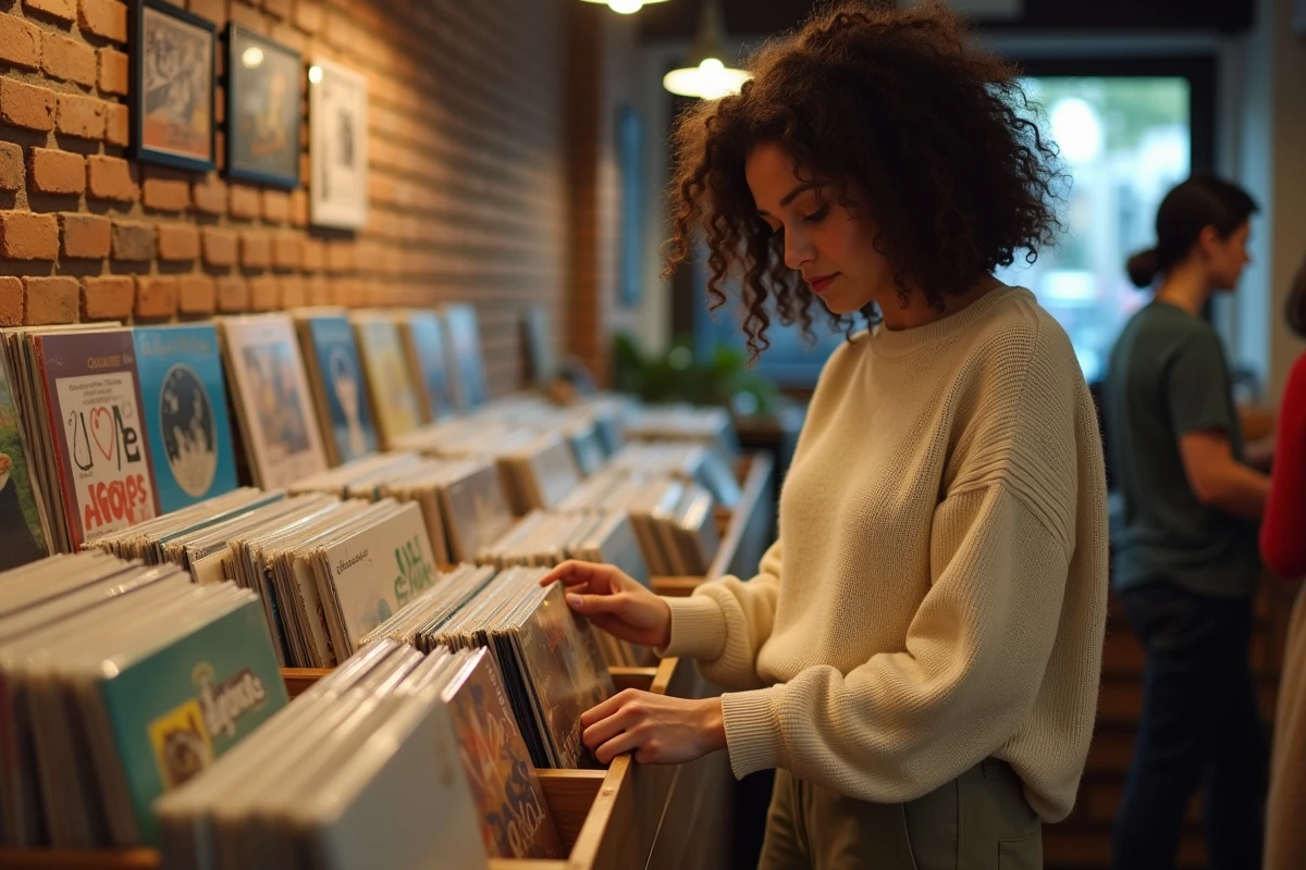 Femme parcourant des disques vinyles dans un magasin de musique de Lyon un dimanche soir, ambiance chaleureuse et culturelle