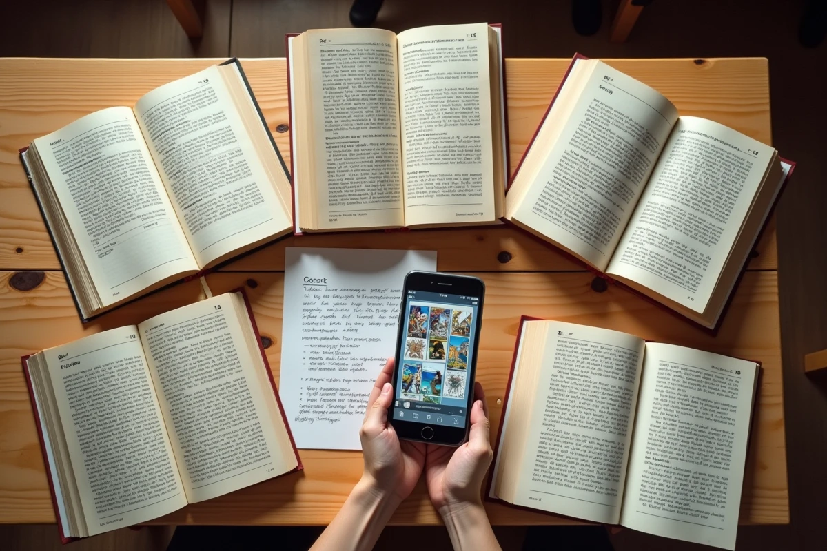 Vue aérienne d'une table avec des volumes de manga One Piece, un smartphone et des documents illustrant les droits d'auteur et la suppression de scans