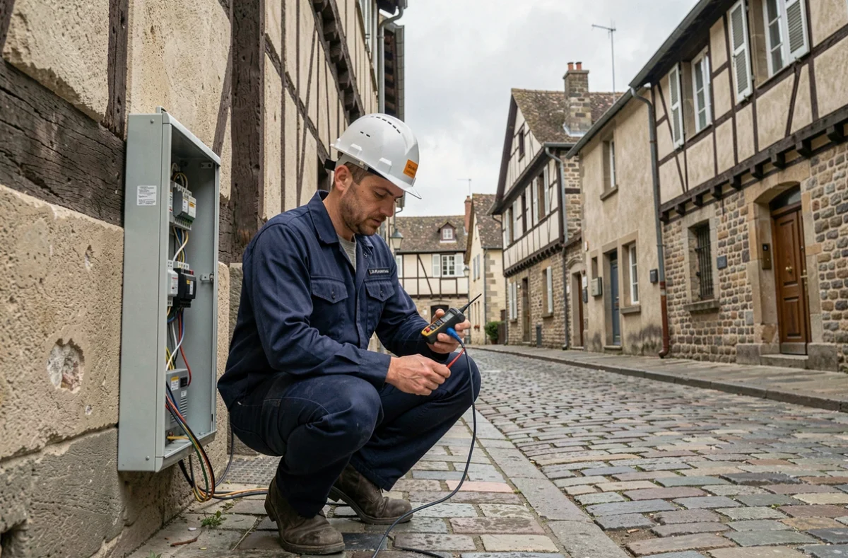Électricien professionnel inspectant un tableau électrique sur une façade normande à Rouen