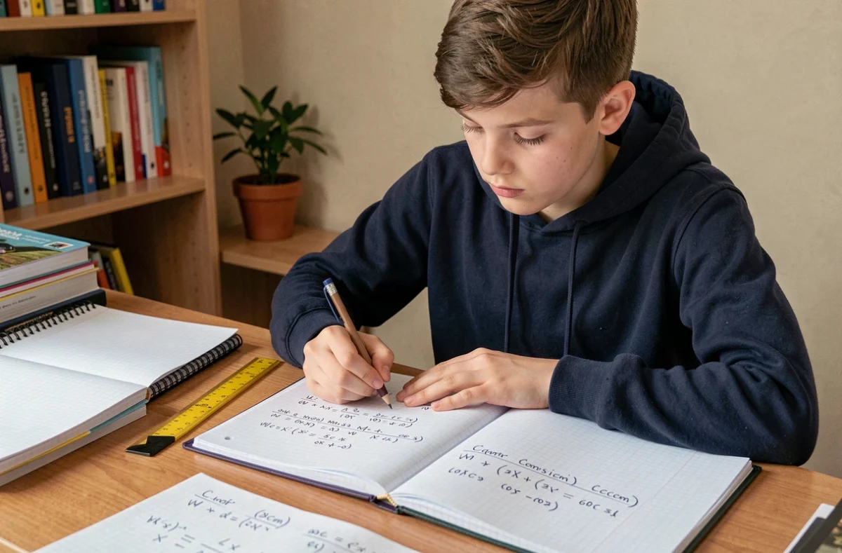Élève adolescent travaillant sur une conversion de mètres carrés en centimètres carrés dans un cahier à carreaux posé sur un bureau en bois