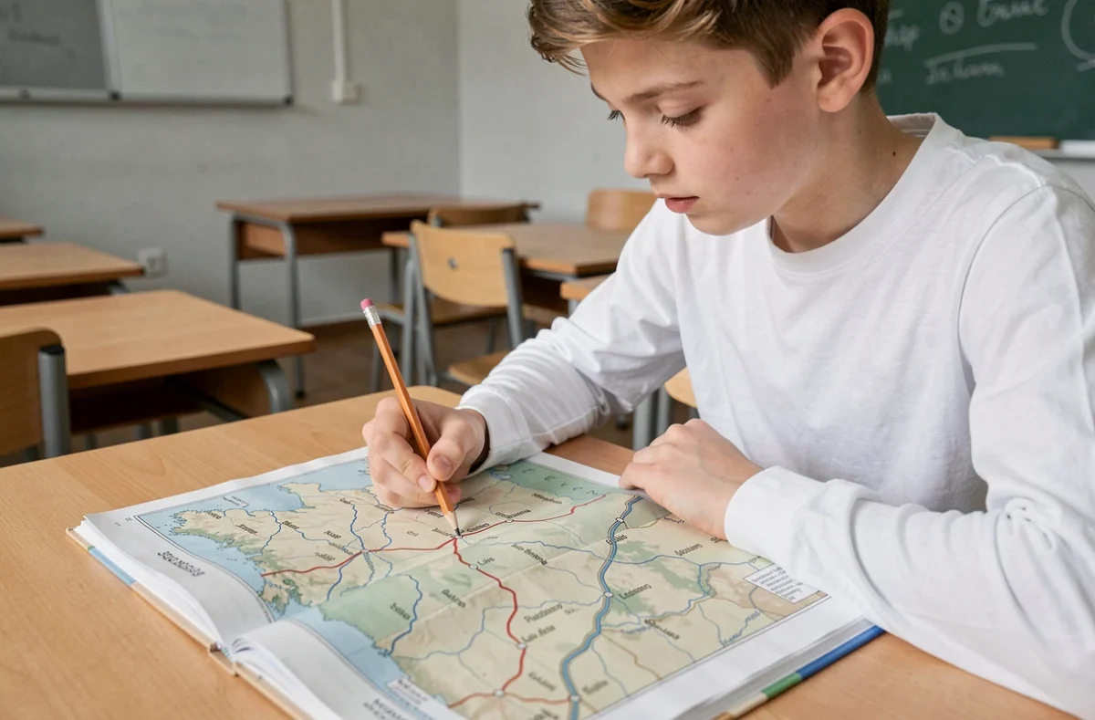 Élève annotant une carte des fleuves de France dans une salle de classe lors d'un cours de géographie