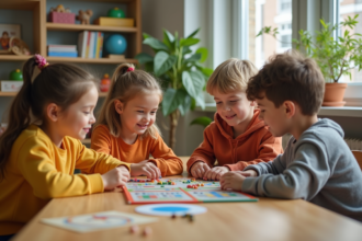 Groupe d'enfants jouant à un jeu éducatif en classe