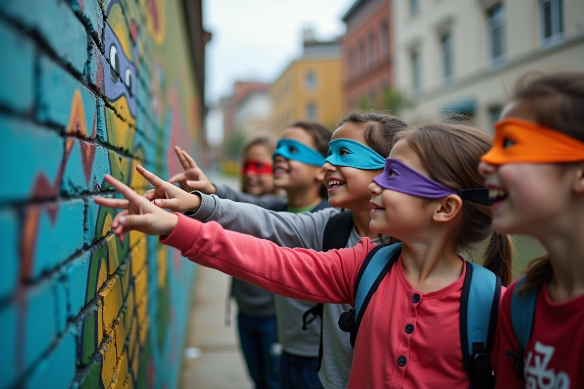 Enfants avec masques regardant un mural de Tortues Ninja