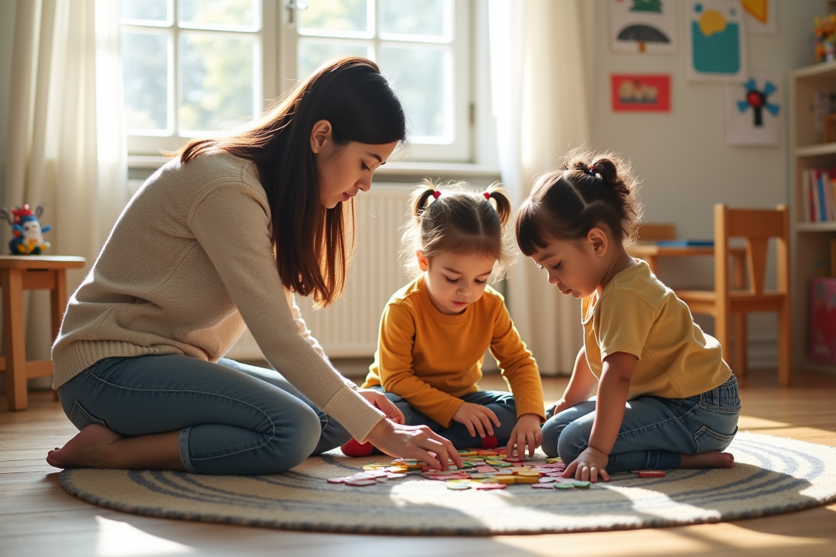Jeune enseignante aidant des enfants à un puzzle dans la salle