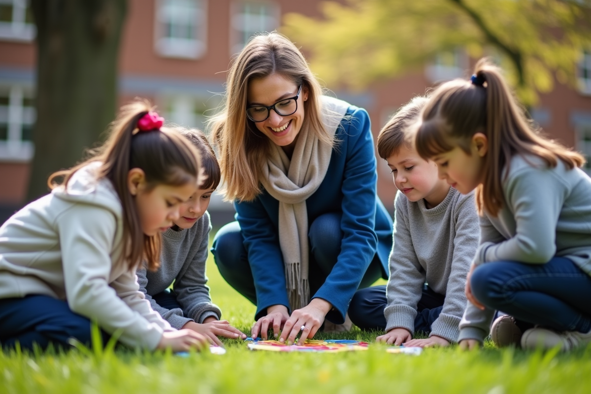 Enseignante aidant des enfants lors d une experience scientifique