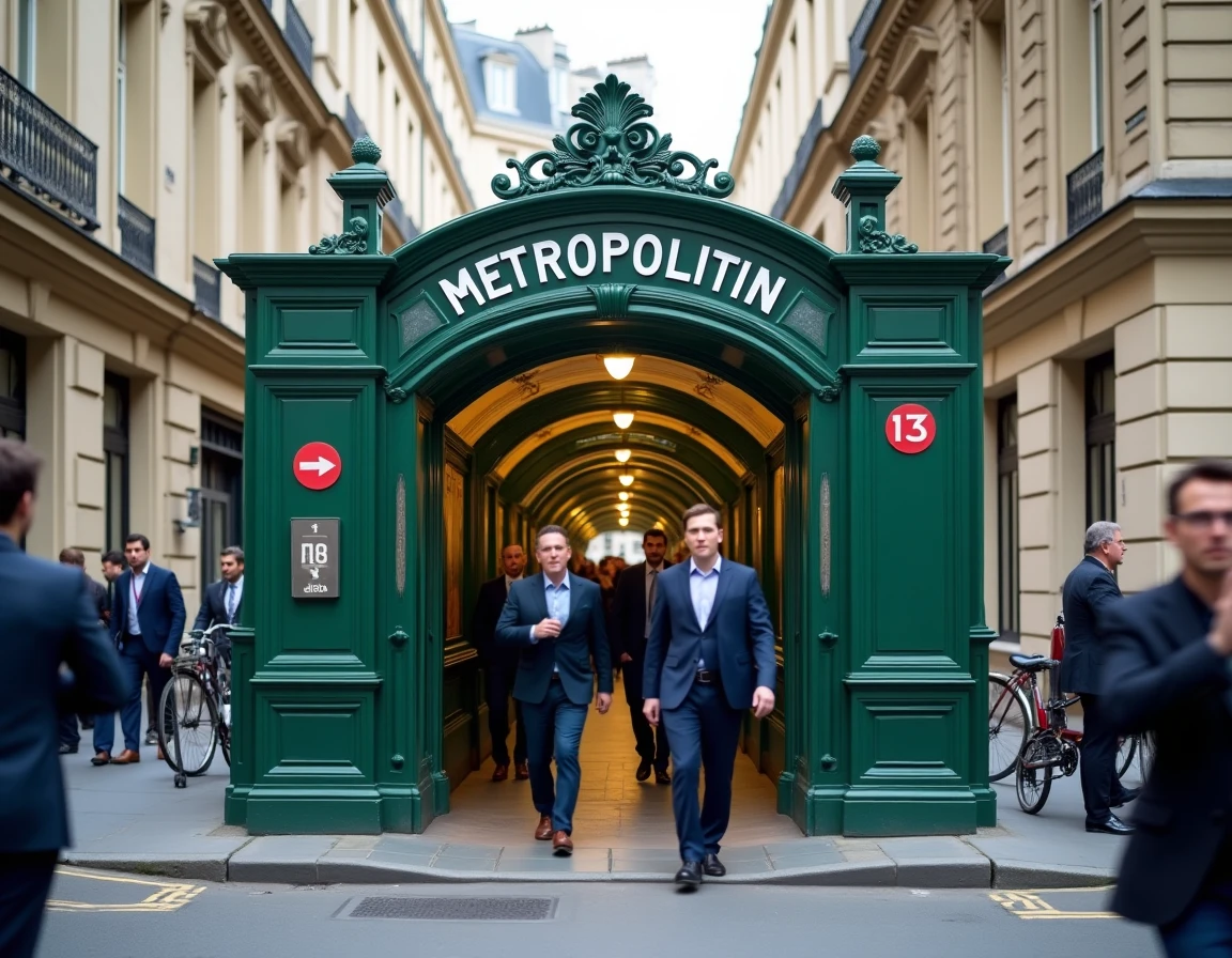 Entrée de station de métro parisienne avec signalisation ligne 13 direction Saint-Denis et Gare du Nord