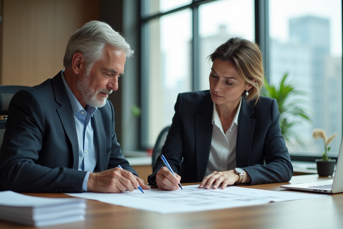 Homme et femme d affaires examinant des plans architecturaux