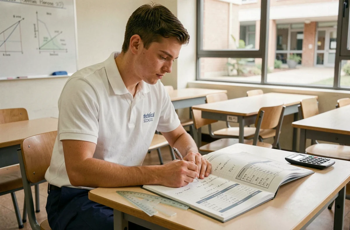 Étudiant en construction calculant la conversion de pente de toiture en pourcentage et en degrés dans un manuel technique