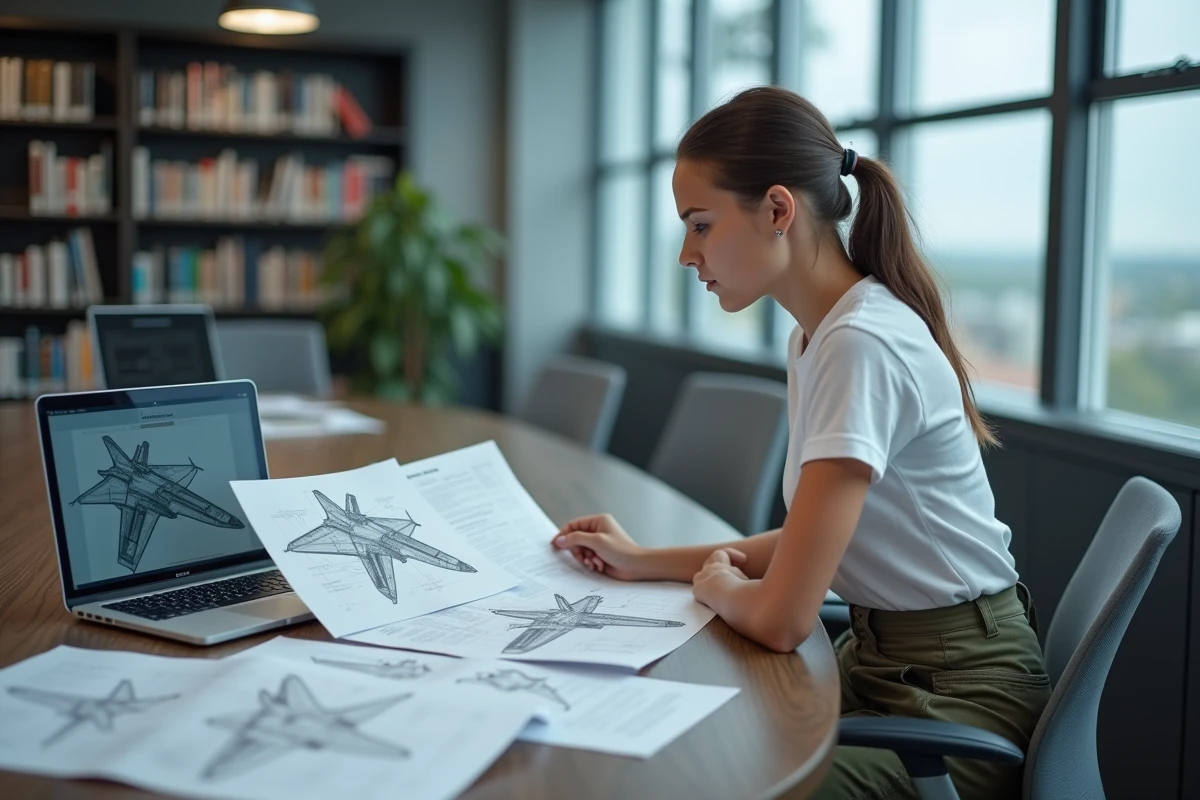 Étudiante en aéronautique étudiant les variantes et performances du Mirage dans une bibliothèque spécialisée