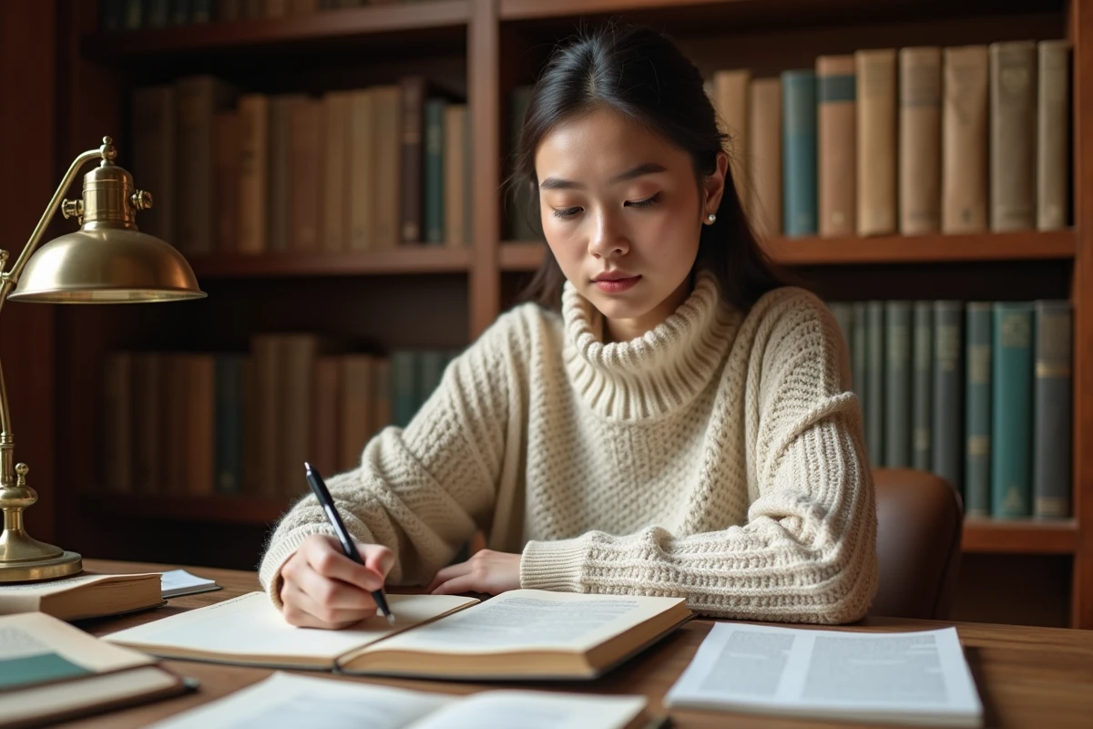 Étudiante annotant un texte avec des exemples de didascalies dans une bibliothèque universitaire