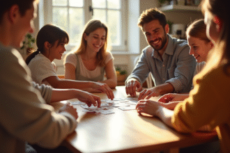 Famille souriante jouant au Mille Bornes à la maison