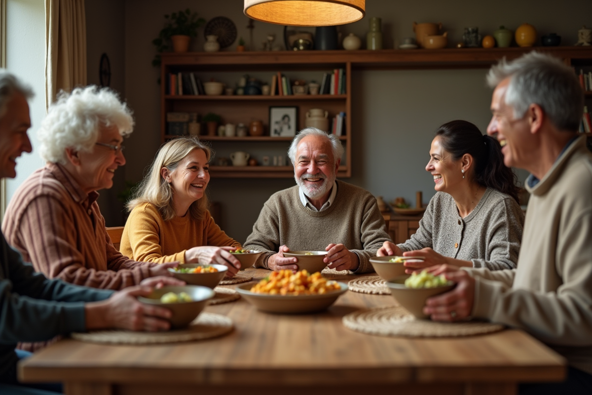 Famille multigeneration partageant un repas convivial à la maison