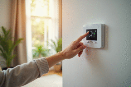Famille moderne ajustant un thermostat intelligent dans un salon lumineux