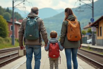 Famille voyageant en train dans la campagne européenne