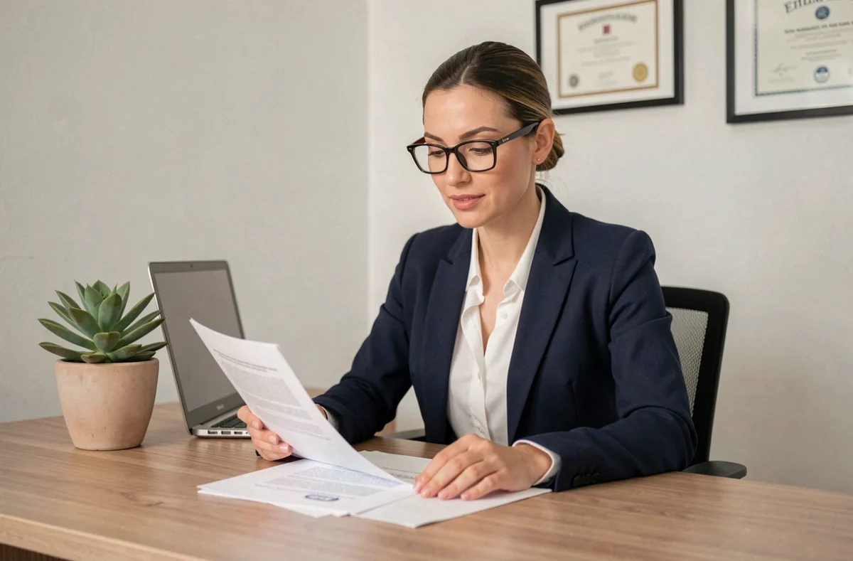 Maître Élise Farine, avocate en blazer marine, consultante dans son bureau moderne à Poitiers