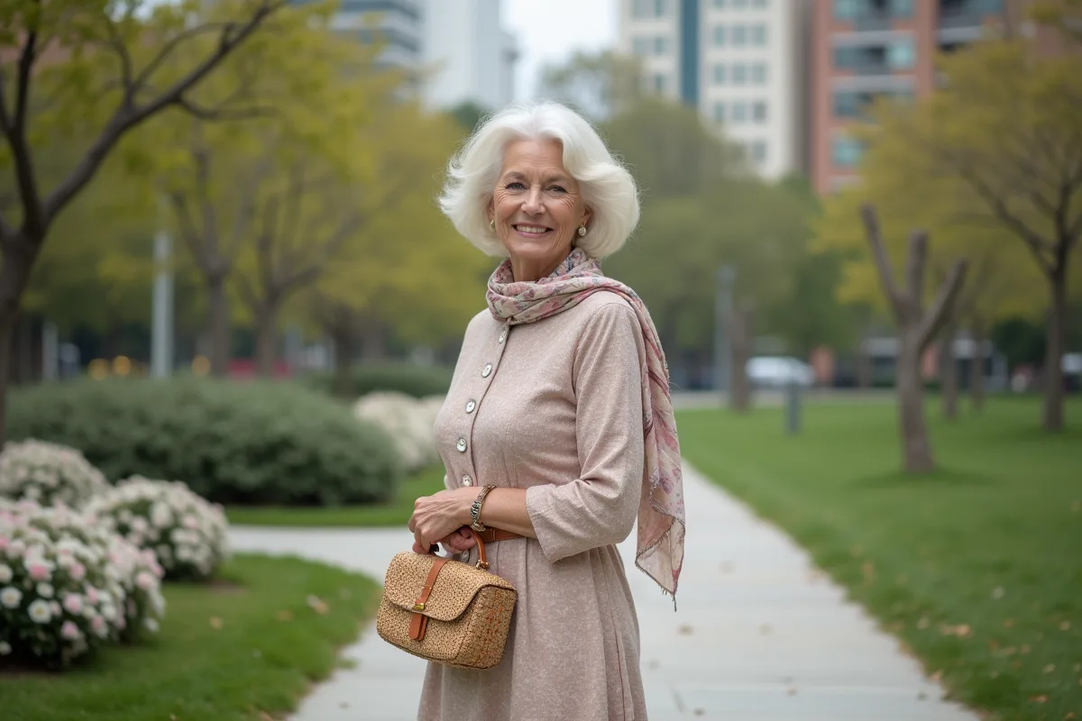 Femme élégante de 70 ans dans un parc urbain en pastel