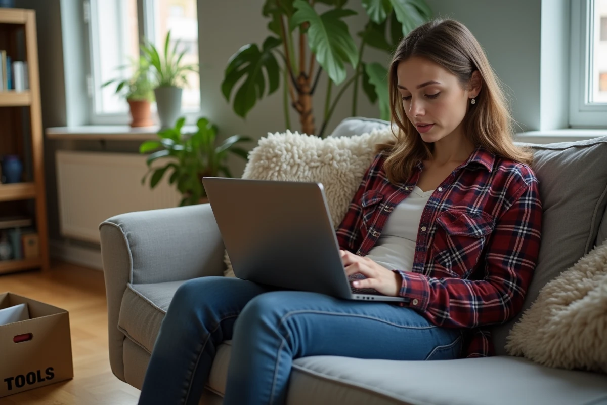 Jeune femme achète équipement de soudure en ligne