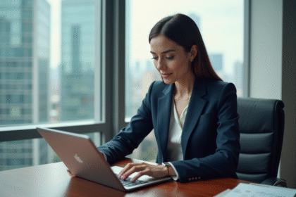 Femme d affaires en costume bleu analysant des graphiques